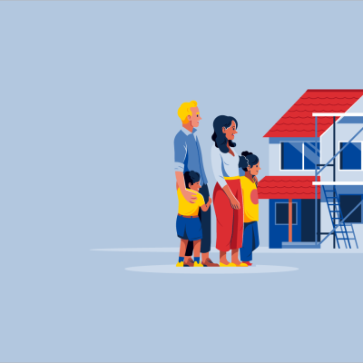 Grafik: Familie mit zwei Kindern steht neben einem Wohnhaus im Bau.