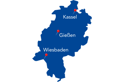 Landkarte von Hessen mit Markierungen zu den drei Standorten der LEA Hessen: Wiesbaden, Kassel und Gießen